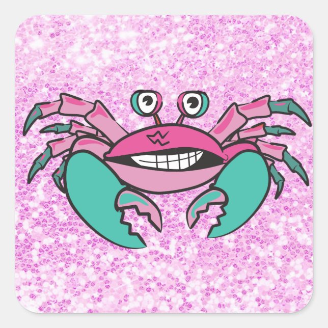 Adesivo Quadrado Glittery Pink and Teal Crab Sticker (Frente)