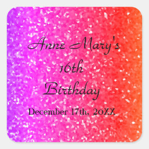 Adesivo Quadrado Glittery Pink Sparkle Custom Name 16th Birthday