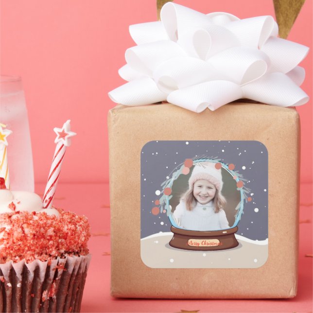 Adesivo Quadrado Globo de Neve de Foto de Natal (Festa)