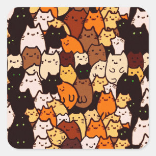 Adesivo Quadrado Glorioso padrão de gatos. Arte de rabisco de Kawai
