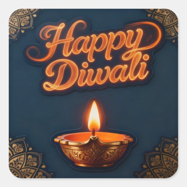 Adesivo Quadrado Glowing Happy Diwali Diya Sticker Design (Frente)