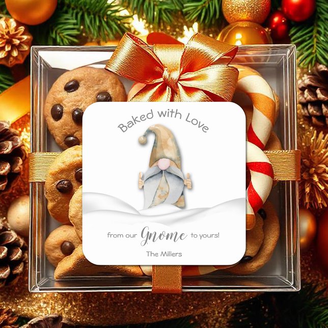 Adesivo Quadrado Gnomo assado com amor personalizado (Gnome Baked with Love Christmas Personalized Square 3" Stickers)