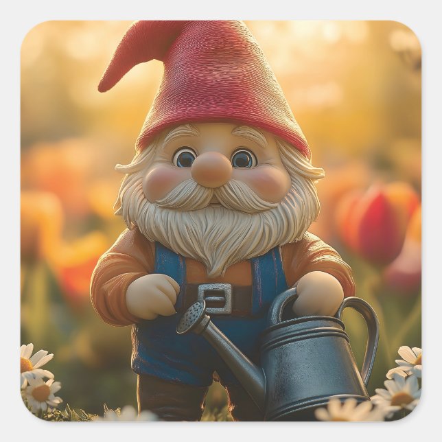 Adesivo Quadrado Gnomo de Jardim Adorável com Água Doce (Frente)