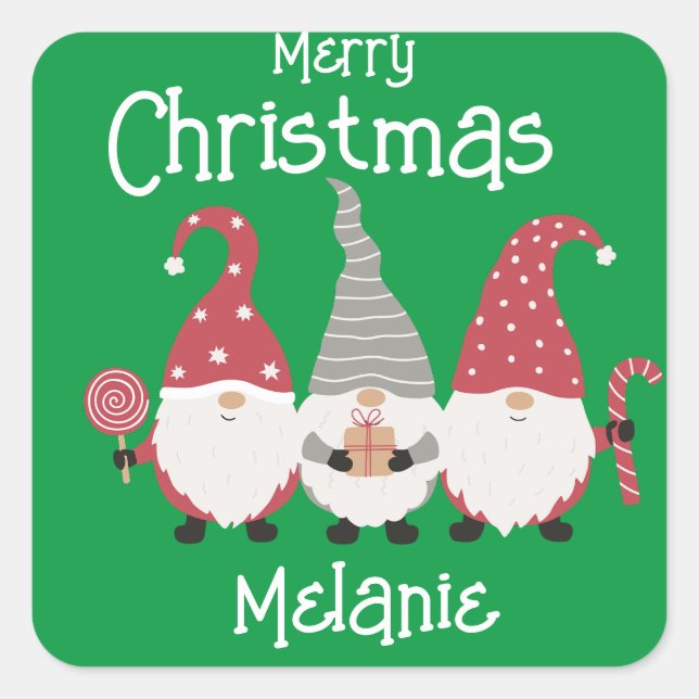 Adesivo Quadrado Gnomo de Natal fofo personalizável para crianças (Frente)