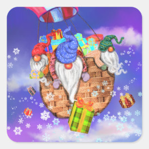 Adesivo Quadrado Gnomos de Natal Voando Balão e Dando Presentes