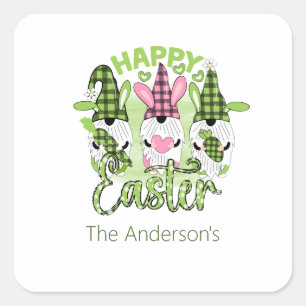 Adesivo Quadrado Gnomos Feliz Páscoa Personalizados Rosa Verde