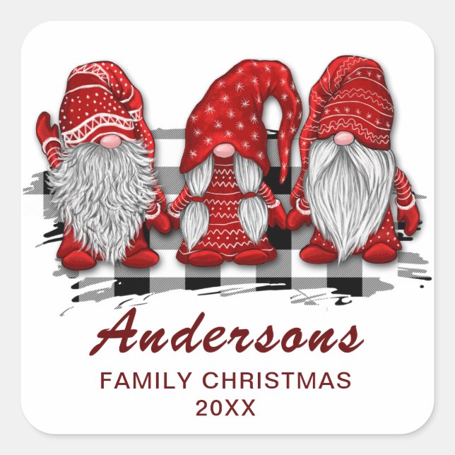 Adesivo Quadrado Gnomos Vermelhos Retrô Natal Xadrez Férias (Frente)