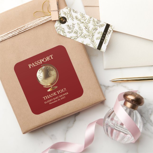 Adesivo Quadrado Gold Globe Passport Travel Baby Shower (Presentear)
