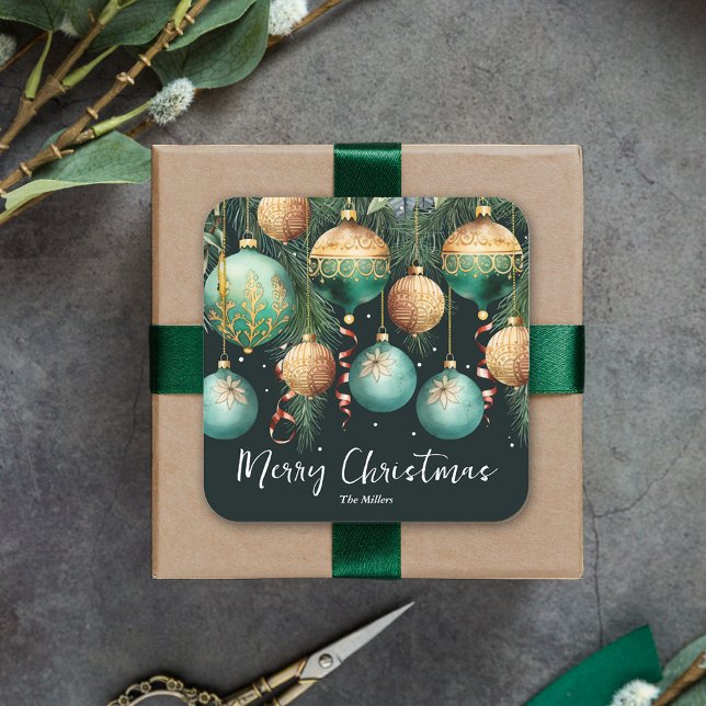 Adesivo Quadrado Gold Green Merry Christmas Ornaments (Gold and green tree ornaments Merry Christmas square 3" stickers)