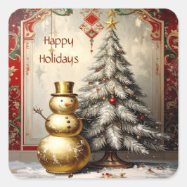 Adesivo Quadrado Gold Snowman Christmas Tree Holiday Sticker