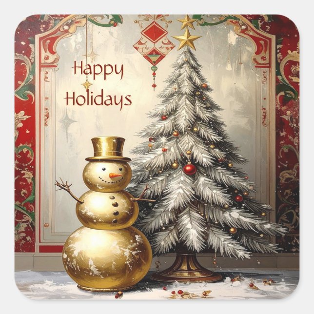 Adesivo Quadrado Gold Snowman Christmas Tree Holiday Sticker (Frente)
