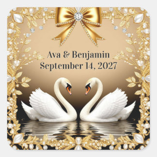 Adesivo Quadrado 🦢 Gold Swan Romantic Gold Wedding Theme 💍