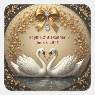 Adesivo Quadrado 🦢 Gold Swan Wedding With Romantic Band ✨