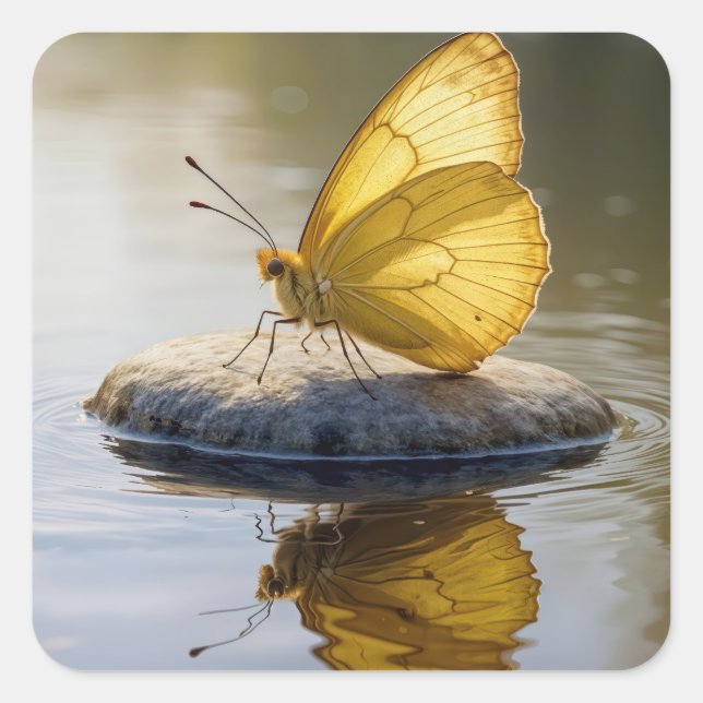 Adesivo Quadrado Golden Butterfly On a Rock in Water (Frente)