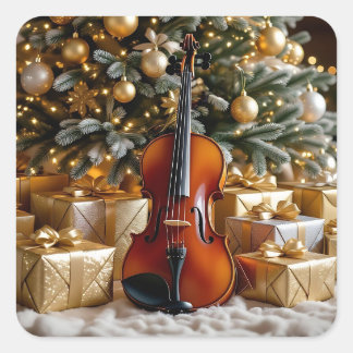 Adesivo Quadrado Golden Christmas Tree, Gifts and Violin