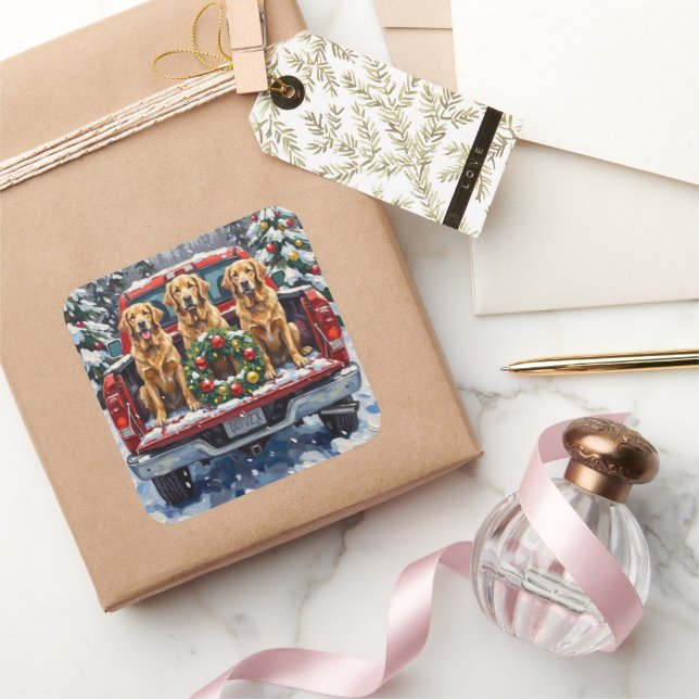 Adesivo Quadrado Golden Retriever Christmas Red Truck Holiday (Presentear)