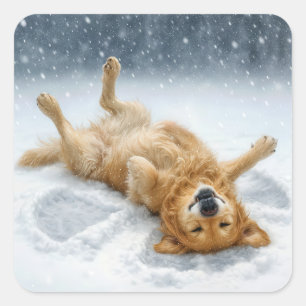 Adesivo Quadrado Golden Retriever Fazendo um Anjo de Neve
