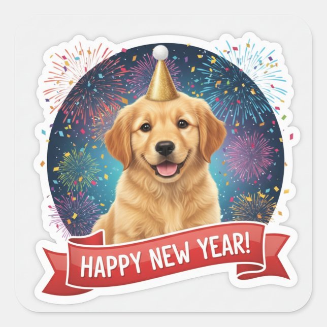 Adesivo Quadrado Golden Retriever Puppy New Year Sticker (Frente)