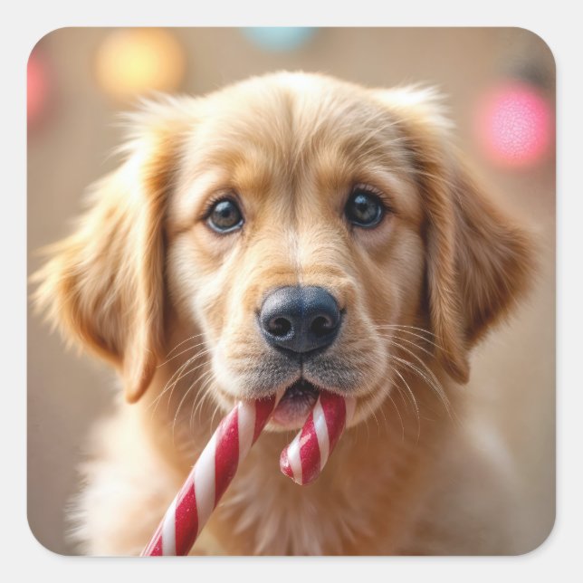 Adesivo Quadrado Golden Retriever Puppy With a Candy Cane (Frente)