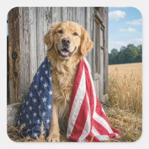 Adesivo Quadrado Golden Retriever Vestido com uma Bandeira American