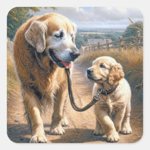 Adesivo Quadrado Golden Retrievers Caminhando em uma Estrada Rural