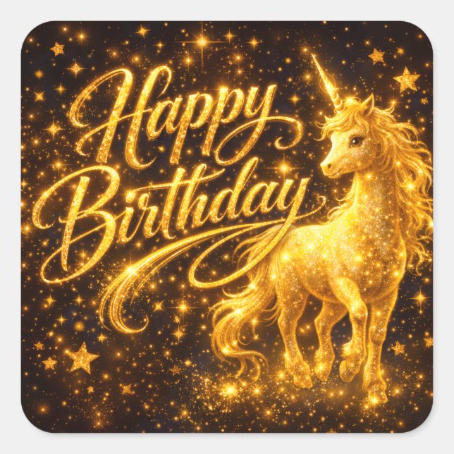Adesivo Quadrado Golden Stardust Birthday — Fantasy Unicorn (Frente)