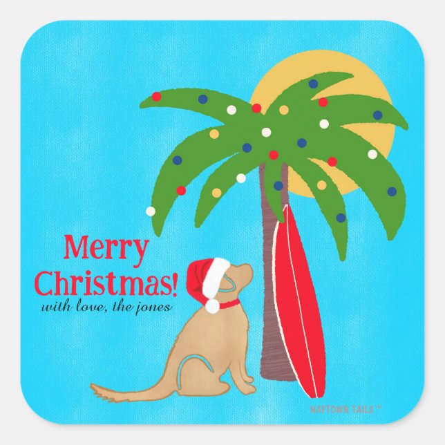 Adesivo Quadrado Golden Surf Dog Palm Tree Sunshine Christmas (Frente)