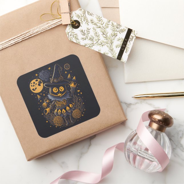 Adesivo Quadrado Golden Witch Cat Sticker | Elegant Halloween Label (Presentear)