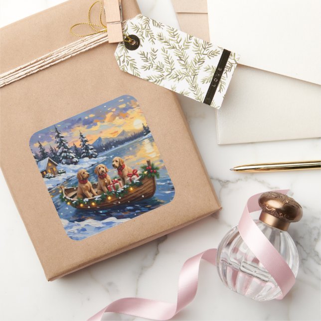 Adesivo Quadrado Goldendoodle Christmas Boat Holiday (Presentear)