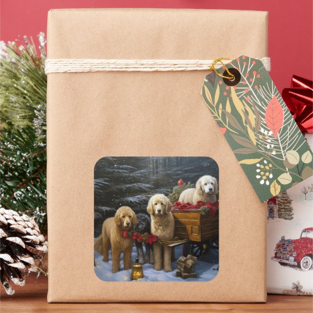 Adesivo Quadrado Goldendoodle Snowy Sleigh Decência de Natal (Feriado)