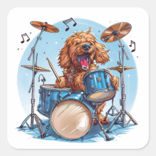 Adesivo Quadrado Goldendoodle Tocando Bateria