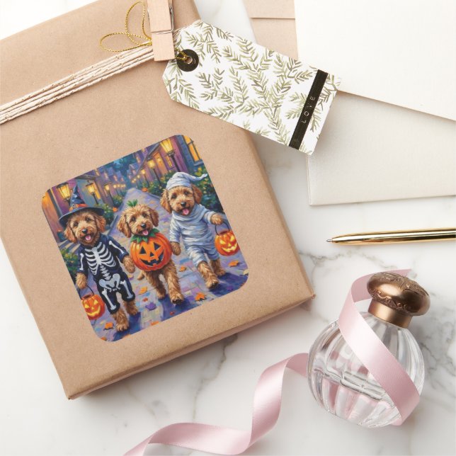 Adesivo Quadrado Goldendoodle Trick or Tratating Halloween Costumes (Presentear)