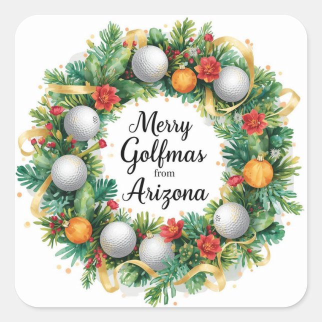 Adesivo Quadrado Golf  Arizona Christmas Greeting with Golf Wreath (Frente)