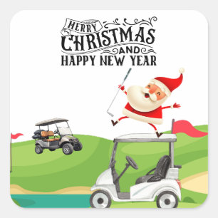 Adesivo Quadrado Golf Feliz Natal com Papais noeis no carrinho de g