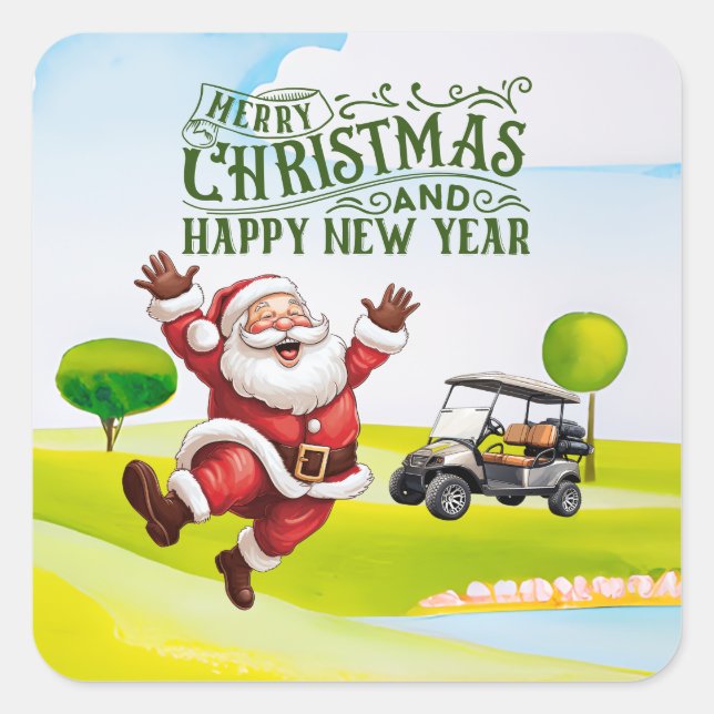 Adesivo Quadrado Golf Feliz Natal com Papais noeis no carrinho de g (Frente)