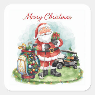 Adesivo Quadrado Golf Feliz Natal com Papais noeis no carrinho de g