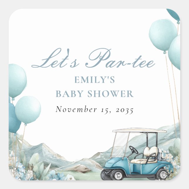 Adesivo Quadrado Golf Let's Par-tee Blue Baby Shower (Frente)