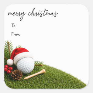 Adesivo Quadrado Golf Natal com boné de Papai Noel em bola de golfe