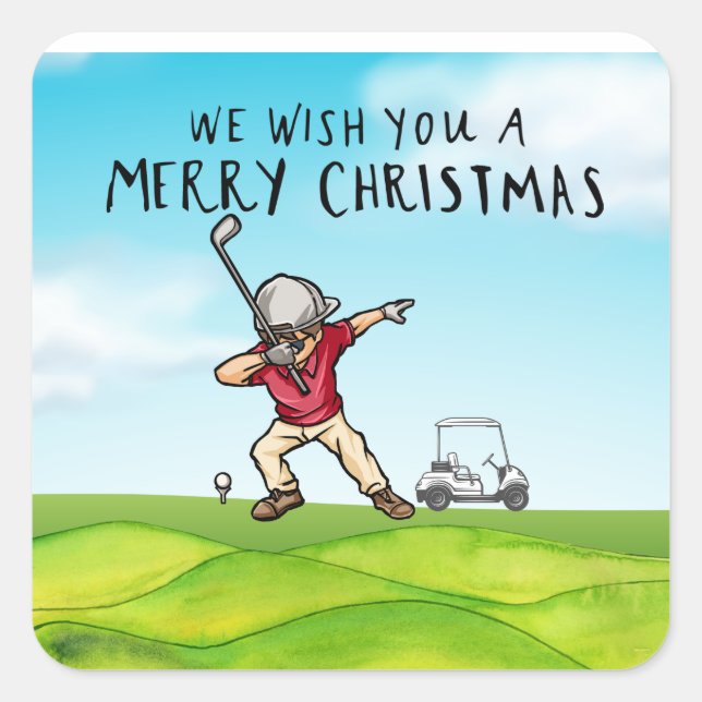 Adesivo Quadrado Golfe Feliz Natal com Dabbing Golfer (Frente)