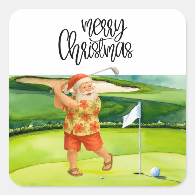 Adesivo Quadrado Golfe Feliz Natal com Papai Noel na bandeira (Frente)