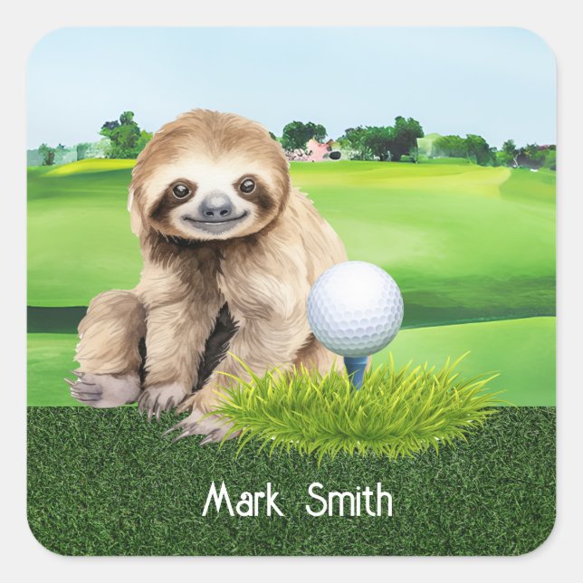 Adesivo Quadrado Golfe Sloth Golfer com grama verde (Frente)