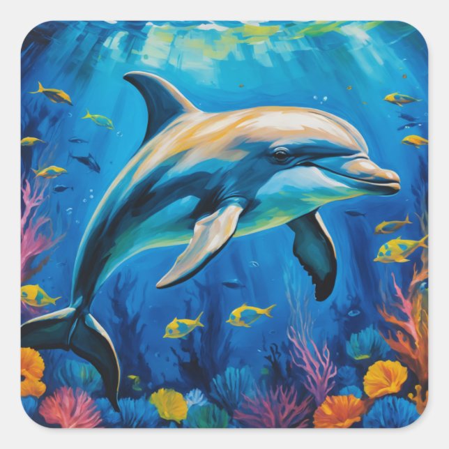 Adesivo Quadrado Golfinho de Pintura de Petróleo (Frente)