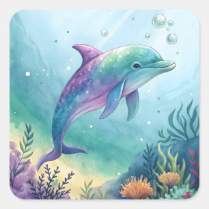 Adesivo Quadrado Golfinho pintado à aquarela