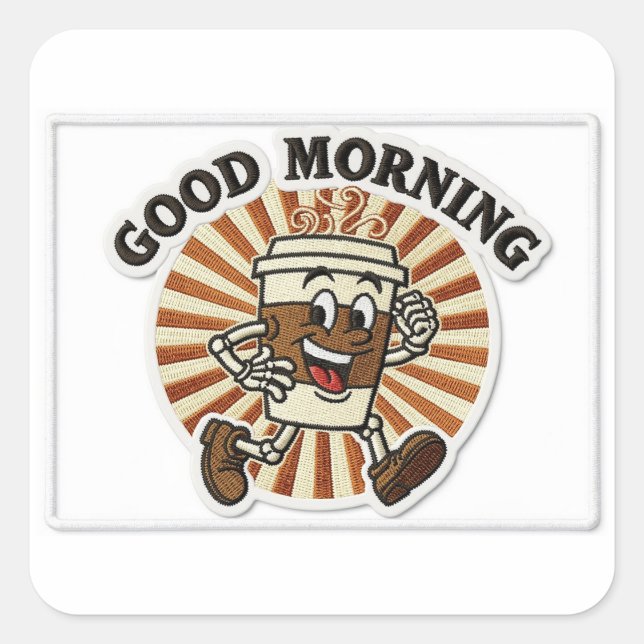 Adesivo Quadrado "Good Morning" Coffee Cup Mascot Embroidered Patch (Frente)