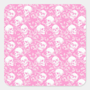 Adesivo Quadrado Gótico feminino punk caveiras rosa & folhagem Hall