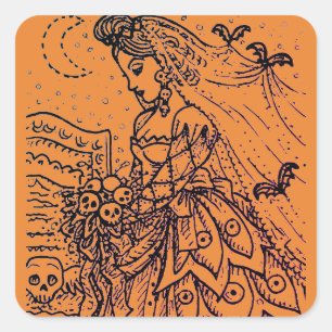 ADESIVO QUADRADO GÓTICO HALLOWEEN BRIDE, BATES, VEIL, BUQUÊ DE CRÂN