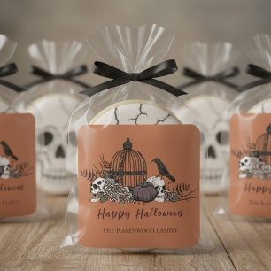 Adesivo Quadrado Gótico Laranja Queimado Caveiras e Rosas Halloween