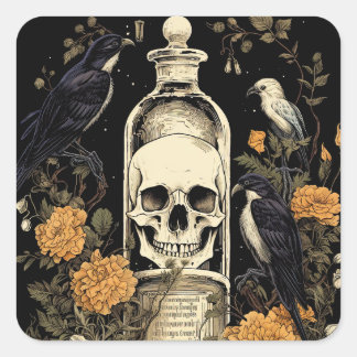 Adesivo Quadrado Gótico Vintage Skeleton Skull Raven Poison Hallowe