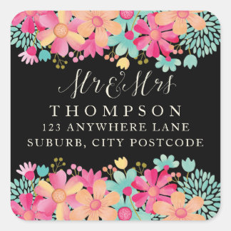 Adesivo Quadrado Gouache Painted Floral Mr & Mrs. Address Stickers