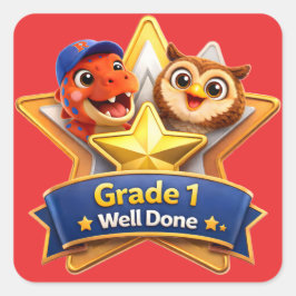 Adesivo Quadrado Grade one well done with the owl and Rex achieveme